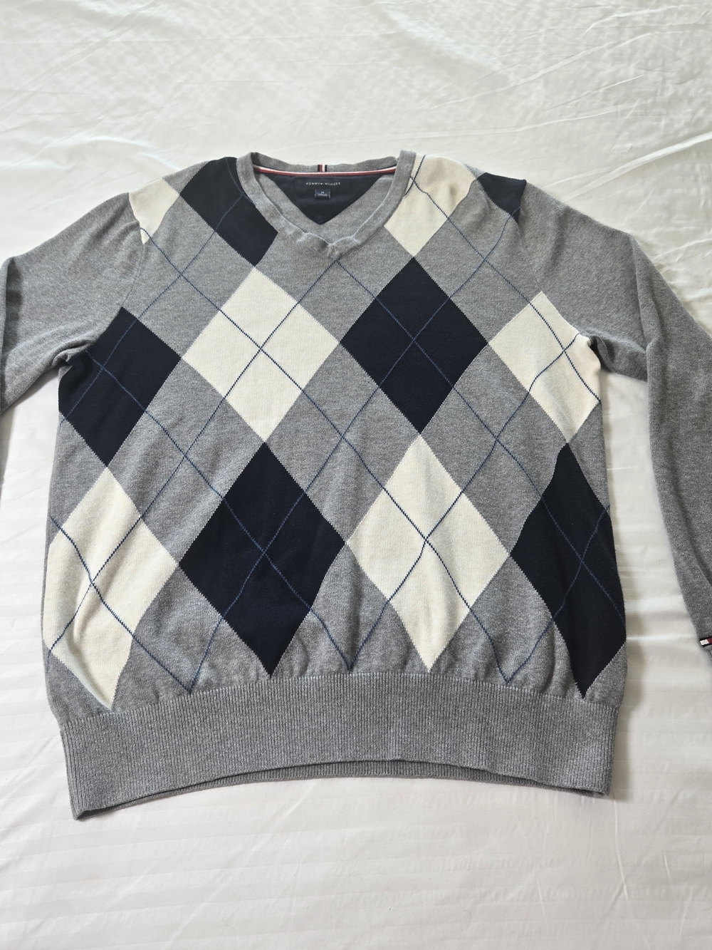 Tommy Hilfiger Gray, Navy & Cream Argyle V-Neck Sweater